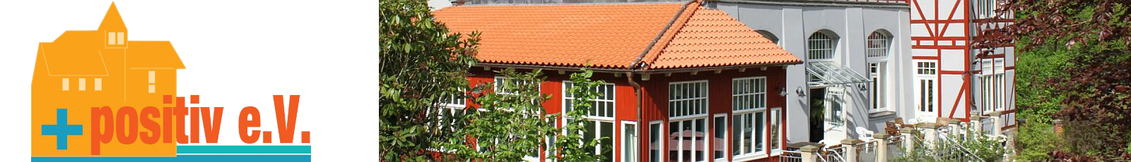 Logo Positiv e.V. - stilisiertes Waldschlösschen in hell Orange und der Name Positiv e.V. - daneben ein Foto mit einem Ausschnitt aus einer Ansicht vom Waldschlösschen - ein Klick auf das Bild führt zur Startseite